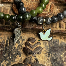 Load image into Gallery viewer, Trio of natural crystal gemstone stacking bracelets with charms - Green Jade - Black Moonstone