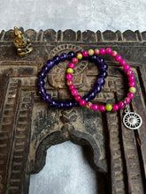 Load image into Gallery viewer, Pair of natural crystal gemstone stacking bracelets with sun charm - Amethyst & Watermelon Jade