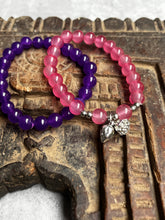 Load image into Gallery viewer, Pair of natural crystal gemstone stacking bracelets with Lotus Flower & Seed Pod charms - Amethyst & Pink Chalcedony