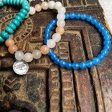 Load image into Gallery viewer, Trio of natural crystal gemstone stacking bracelets with charms - Aquamarine - Turquoise - Rose Quartz