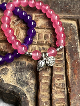 Load image into Gallery viewer, Pair of natural crystal gemstone stacking bracelets with Lotus Flower & Seed Pod charms - Amethyst & Pink Chalcedony
