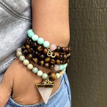 Load image into Gallery viewer, Trio of natural crystal gemstone stacking bracelets with charms - Green Jade - Black Moonstone