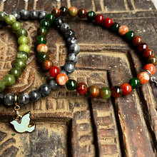 Load image into Gallery viewer, Trio of natural crystal gemstone stacking bracelets with charms - Green Jade - Black Moonstone