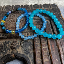 Load image into Gallery viewer, Trio of natural blue crystal gemstone stacking bracelets with moon charm
