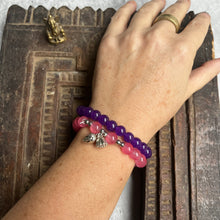 Load image into Gallery viewer, Pair of natural crystal gemstone stacking bracelets with Lotus Flower & Seed Pod charms - Amethyst & Pink Chalcedony