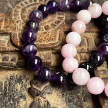 Load image into Gallery viewer, Pair of natural crystal gemstone stacking bracelets - Amethyst & Rose quartz