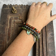 Load image into Gallery viewer, Trio of natural crystal gemstone stacking bracelets with charms - Green Jade - Black Moonstone