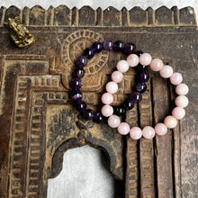 Load image into Gallery viewer, Pair of natural crystal gemstone stacking bracelets - Amethyst & Rose quartz