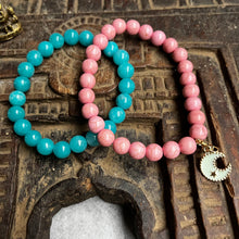 Load image into Gallery viewer, Pair of crystal stacking bracelets with moon charm - Turquoise & Pink Rhodonite
