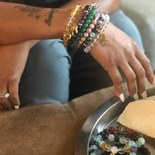 Load image into Gallery viewer, Pair of natural crystal gemstone stacking bracelets with sun charm - Amethyst & Watermelon Jade