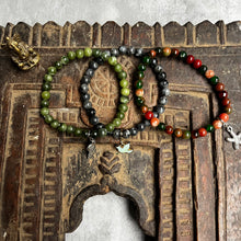 Load image into Gallery viewer, Trio of natural crystal gemstone stacking bracelets with charms - Green Jade - Black Moonstone