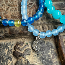 Load image into Gallery viewer, Trio of natural blue crystal gemstone stacking bracelets with moon charm