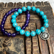 Load image into Gallery viewer, Pair of natural crystal gemstone stacking bracelets with sun charm - Amethyst & Turquoise