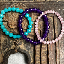 Load image into Gallery viewer, Trio of natural crystal gemstone stacking bracelets - Amethyst - Turquoise - Rose Quartz