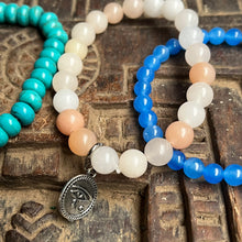 Load image into Gallery viewer, Trio of natural crystal gemstone stacking bracelets with charms - Aquamarine - Turquoise - Rose Quartz