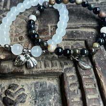 Load image into Gallery viewer, Pair of natural crystal gemstone stacking bracelets with moon & lotus seed/flower charms