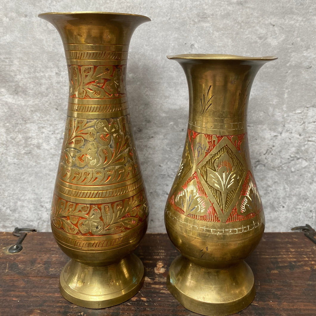 Pair of Vintage Moroccan Brass Vases - Engraved and Hand Painted