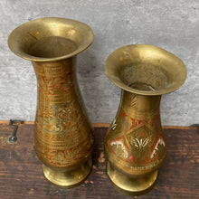 Load image into Gallery viewer, Pair of Vintage Moroccan Brass Vases - Engraved and Hand Painted
