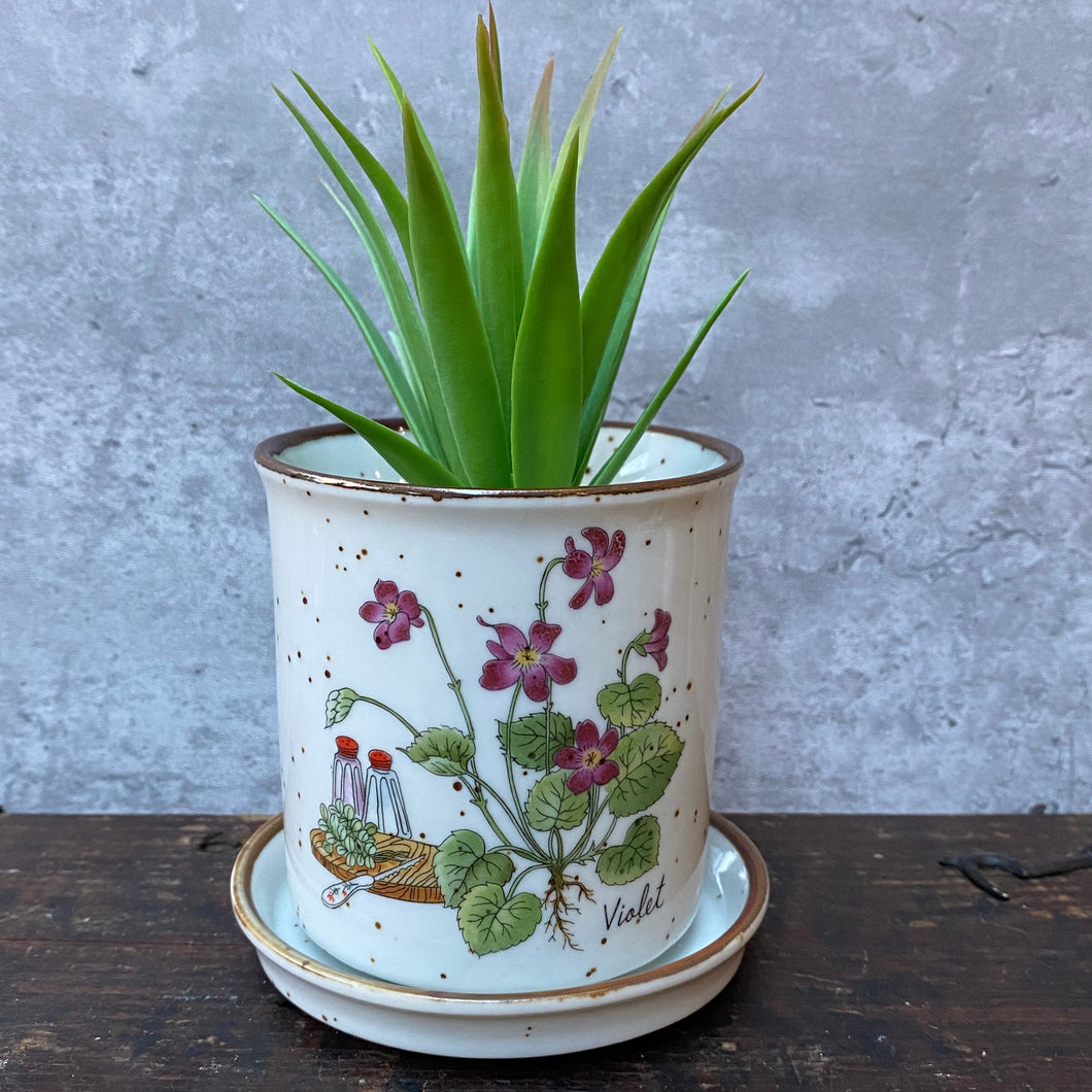 Vintage Japanese Ceramic Planter Plant Pot With Violet Flowers