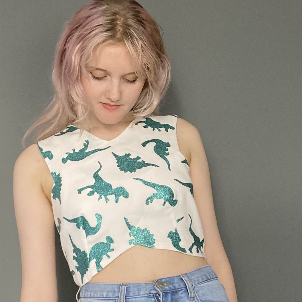 Vintage 90s Dinosaur Glitter Print Crop Top