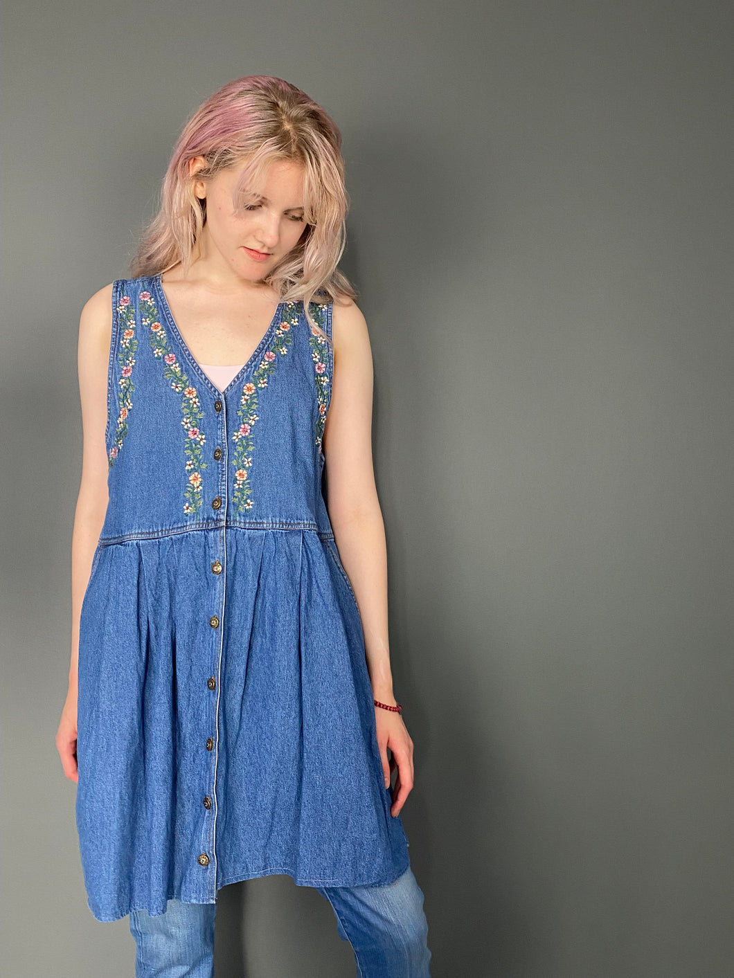 Vintage 90s Denim Floral Embroidered Sleeveless Dress