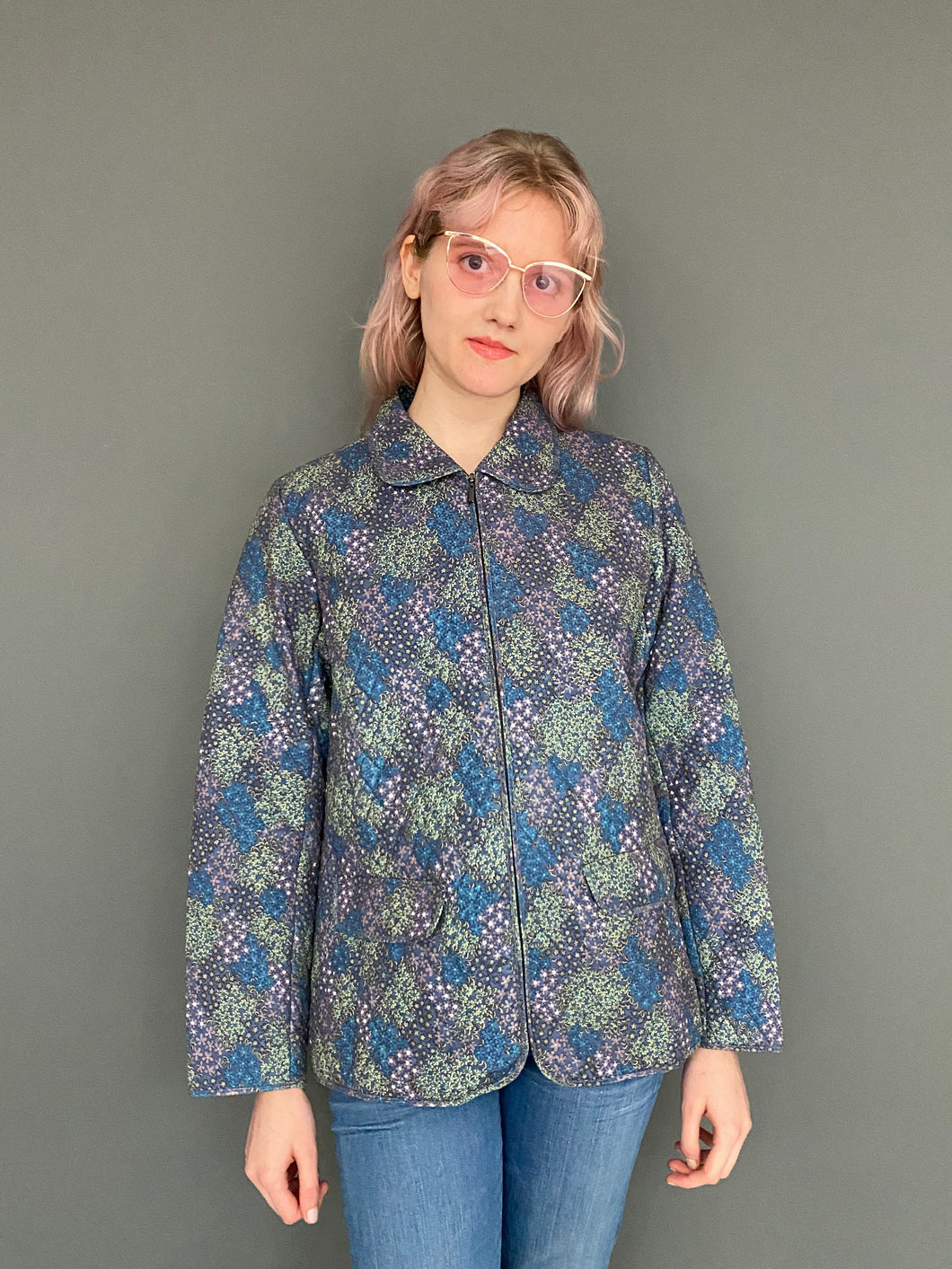 Vintage 80s Blue Light Quilted Zip Up Jacket Top Blazer