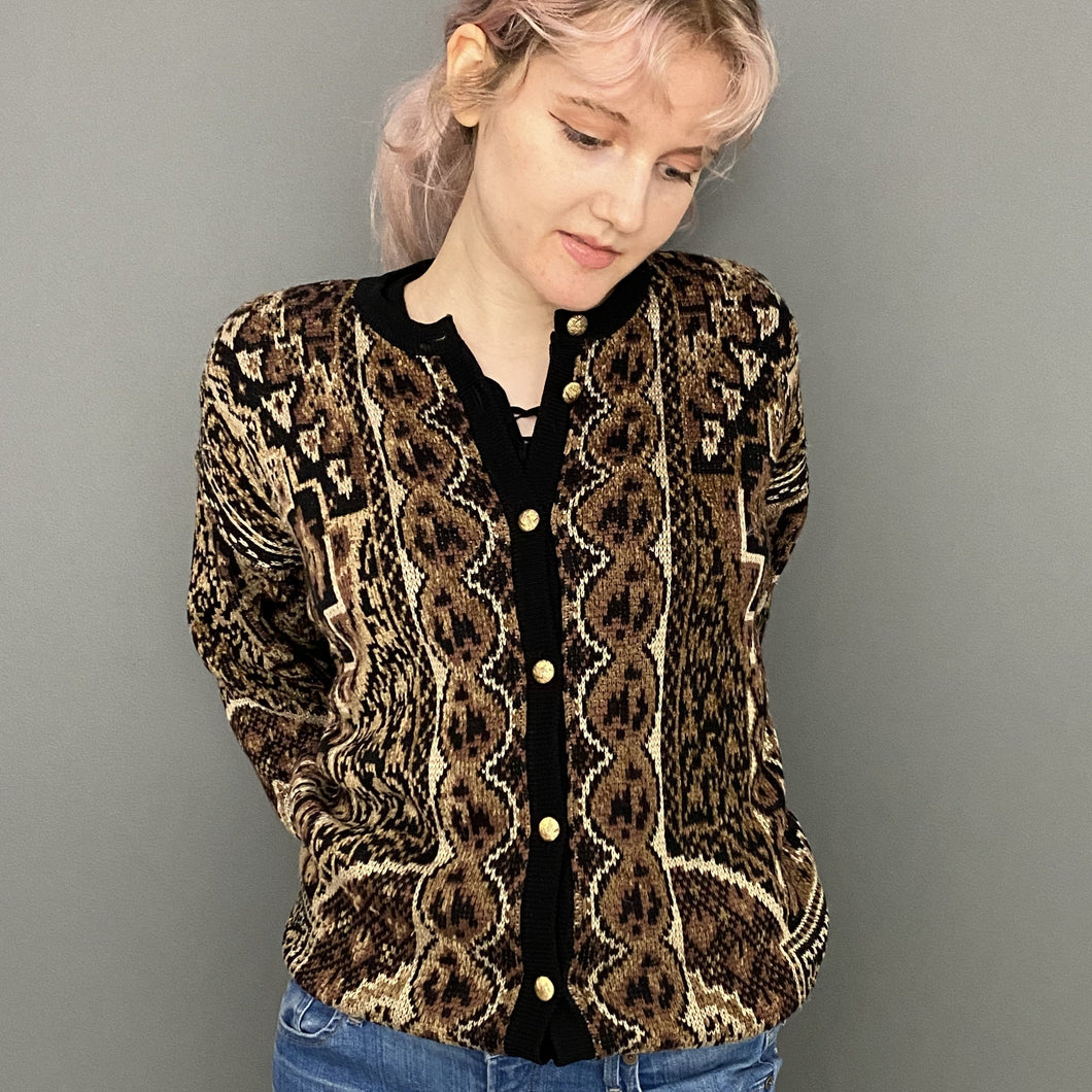 Vintage 80s Knitted Gold Button Tapestry Type Cardigan