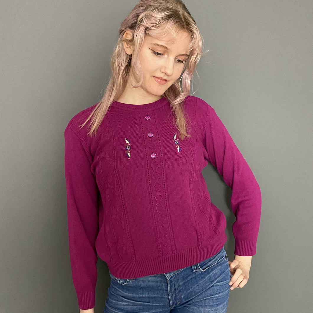 Vintage 80s Fuchsia Pink Knitted Button Top Embroidered Jumper