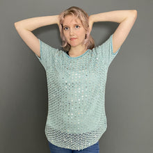 Load image into Gallery viewer, Vintage Mid 80s Pale Blue Sequin Glitter Crochet Sparkle T-Shirt Top by Jacques Vert
