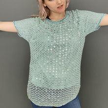 Load image into Gallery viewer, Vintage Mid 80s Pale Blue Sequin Glitter Crochet Sparkle T-Shirt Top by Jacques Vert
