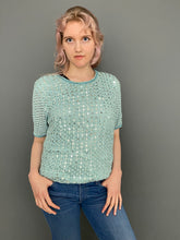 Load image into Gallery viewer, Vintage Mid 80s Pale Blue Sequin Glitter Crochet Sparkle T-Shirt Top by Jacques Vert
