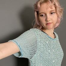 Load image into Gallery viewer, Vintage Mid 80s Pale Blue Sequin Glitter Crochet Sparkle T-Shirt Top by Jacques Vert
