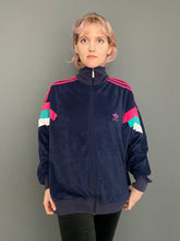 Load image into Gallery viewer, Vintage Mid 80s Adidas 3 Stripe Navy Blue Funnel Neck Zip up Velour Tracksuit Top by Nike
