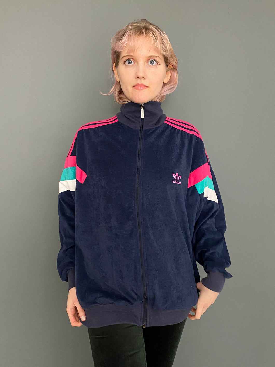 Vintage Mid 80s Adidas 3 Stripe Navy Blue Funnel Neck Zip up Velour Tracksuit Top by Nike