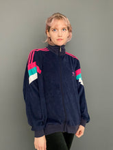 Load image into Gallery viewer, Vintage Mid 80s Adidas 3 Stripe Navy Blue Funnel Neck Zip up Velour Tracksuit Top by Nike
