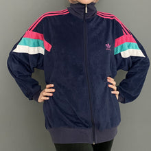 Load image into Gallery viewer, Vintage Mid 80s Adidas 3 Stripe Navy Blue Funnel Neck Zip up Velour Tracksuit Top by Nike
