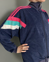 Load image into Gallery viewer, Vintage Mid 80s Adidas 3 Stripe Navy Blue Funnel Neck Zip up Velour Tracksuit Top by Nike
