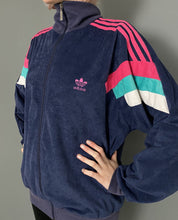 Load image into Gallery viewer, Vintage Mid 80s Adidas 3 Stripe Navy Blue Funnel Neck Zip up Velour Tracksuit Top by Nike
