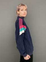 Load image into Gallery viewer, Vintage Mid 80s Adidas 3 Stripe Navy Blue Funnel Neck Zip up Velour Tracksuit Top by Nike
