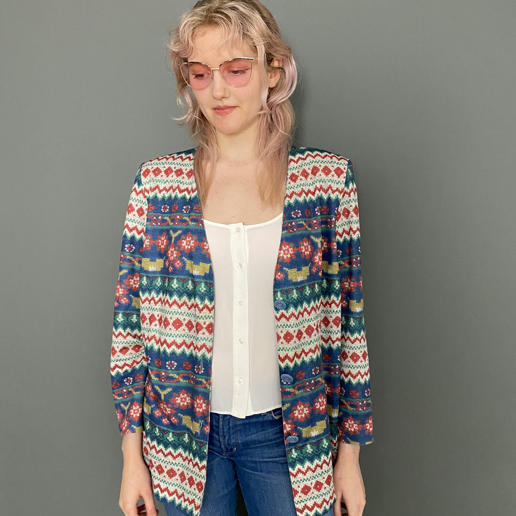 Vintage Late 80s Silky Aztec Print Button Blazer Jacket Blouse Top