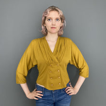 Load image into Gallery viewer, Vintage Late 80s Mustard Yellow Double Breasted Button Top with 3/4 Sleeves by Etam
