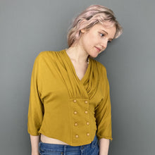 Load image into Gallery viewer, Vintage Late 80s Mustard Yellow Double Breasted Button Top with 3/4 Sleeves by Etam
