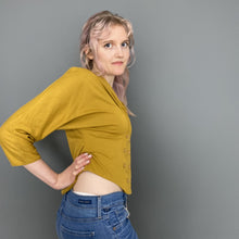 Load image into Gallery viewer, Vintage Late 80s Mustard Yellow Double Breasted Button Top with 3/4 Sleeves by Etam
