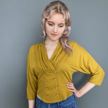 Load image into Gallery viewer, Vintage Late 80s Mustard Yellow Double Breasted Button Top with 3/4 Sleeves by Etam
