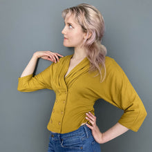 Load image into Gallery viewer, Vintage Late 80s Mustard Yellow Double Breasted Button Top with 3/4 Sleeves by Etam
