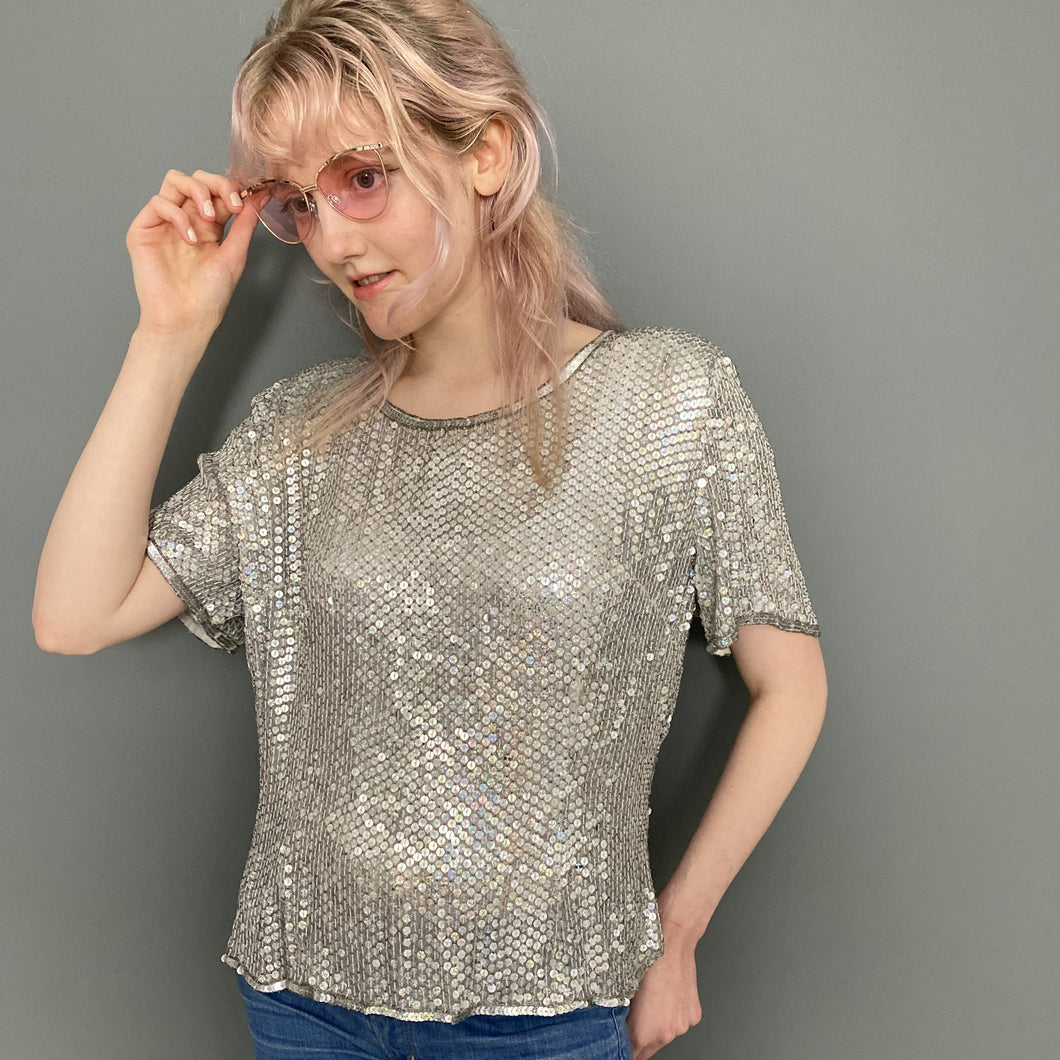 Vintage Mid 80s Silver Sequin 100% Silk Top by Frank Usher