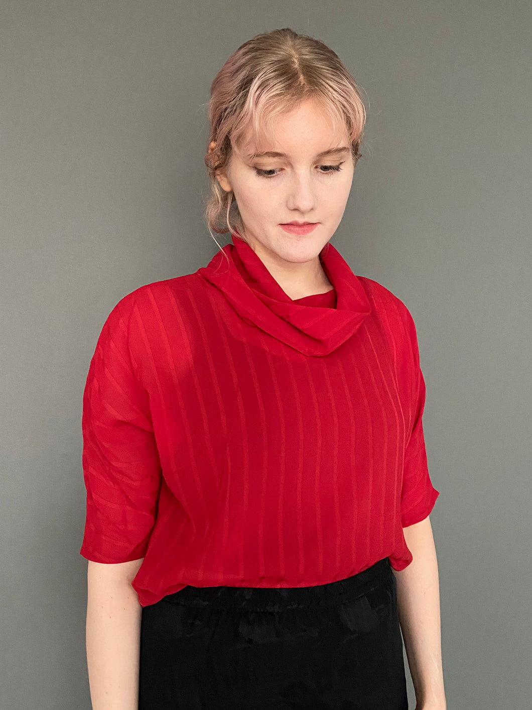 Vintage 80s Pillar Box Red Sheer Cowl Neck Striped Top Blouse