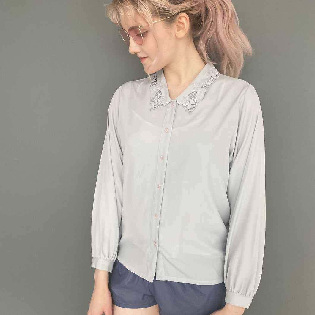 Vintage 80s Light Grey Sexy Silky Button Shirt Top With Lace Detail Collar