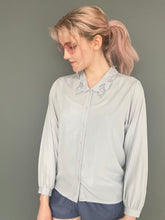 Load image into Gallery viewer, Vintage 80s Light Grey Sexy Silky Button Shirt Top With Lace Detail Collar
