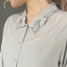 Load image into Gallery viewer, Vintage 80s Light Grey Sexy Silky Button Shirt Top With Lace Detail Collar
